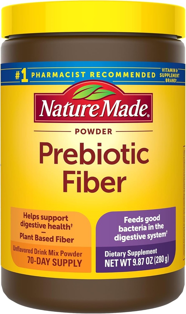 Nature Made Prebiotic Fiber Powder, Smag gratis & Sukker Free Plant baseret Vegetarisk Prebiotic Fiber Drink Mix til fordøjelsessystemet support, 9.87 oz, 70 Day Supply