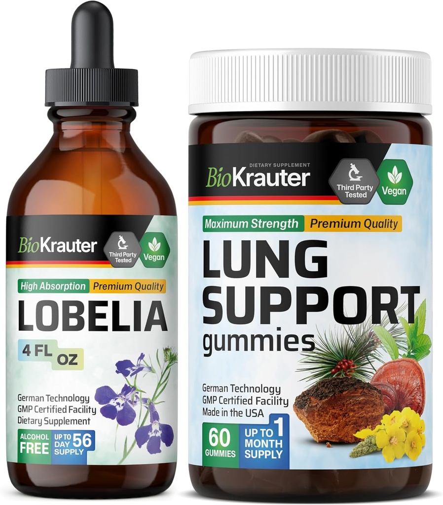 BIO KRAUTER Lobelia Tincture 4 Fl. Oz. & Lung Detox 60 Gummies