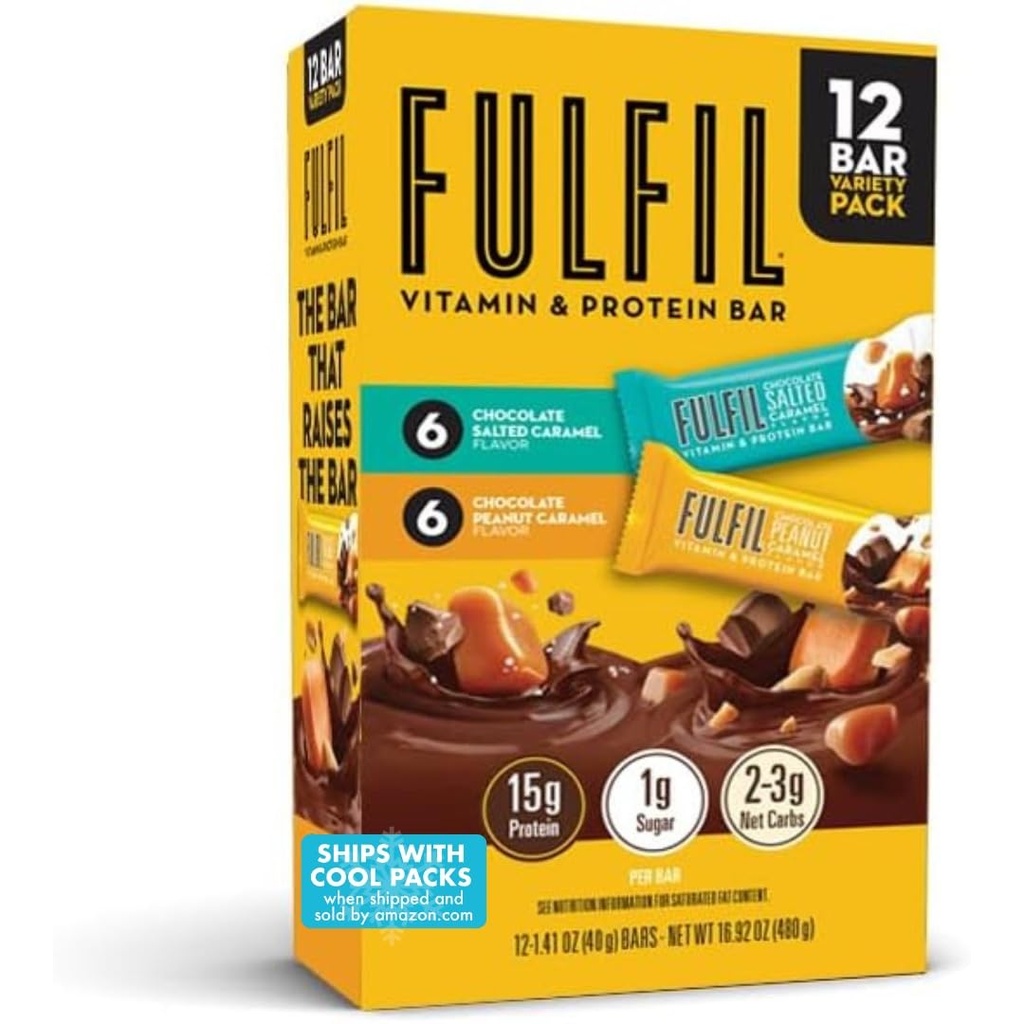 FULFIL Protein Snack Barer, 6 Chokolade Peanut og Caramel & 6 Chokolade Saltet Karamel, 15g Protein, Pantry Staples, 12 Greve