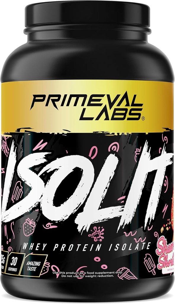 Primeval Labs ISOLIT - Whey Protein Powder, 100% Whey Isolate, 25 g protein, BCAA, hurtig Absorbing, Easy Digesting (Jordbær Marie, 2lb)