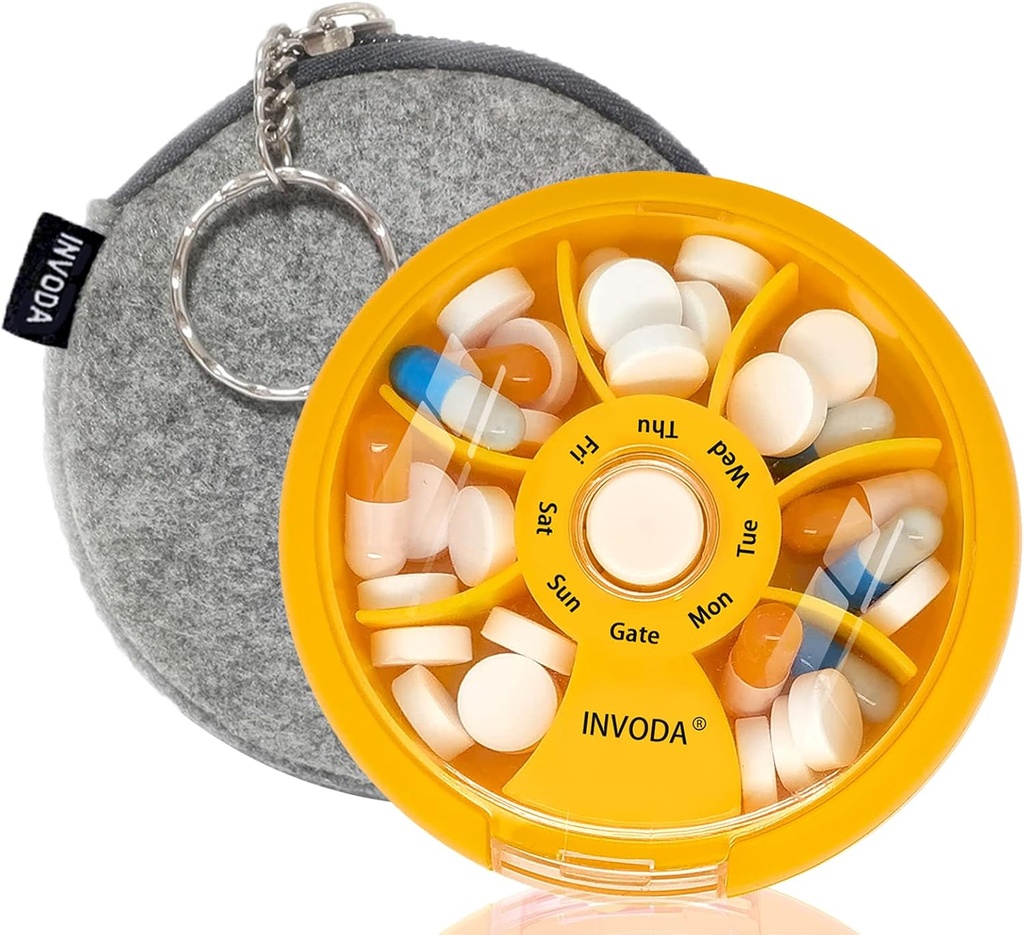 INVODA Weekly Pill Organizer 7 Segment Roterende Pill Box for Daglig Medicin & Vitaminer - Bærbar rejse Pill sag Fish Oil Kosttilskud Vitaminer Organizer (Orange + Bag)