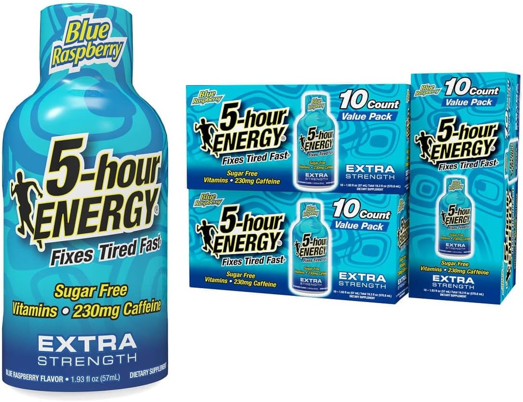 5- timers ENERGY Shots Extra Strength, Blue Raspberry Flavor, 30 Greve, 1,93 Fl Oz, Sukker fri, nul kalorier, Aminosyrer og essentielle B-vitaminer, Kosttilskud, Feel Alert og Energized, 230 mg Koffein