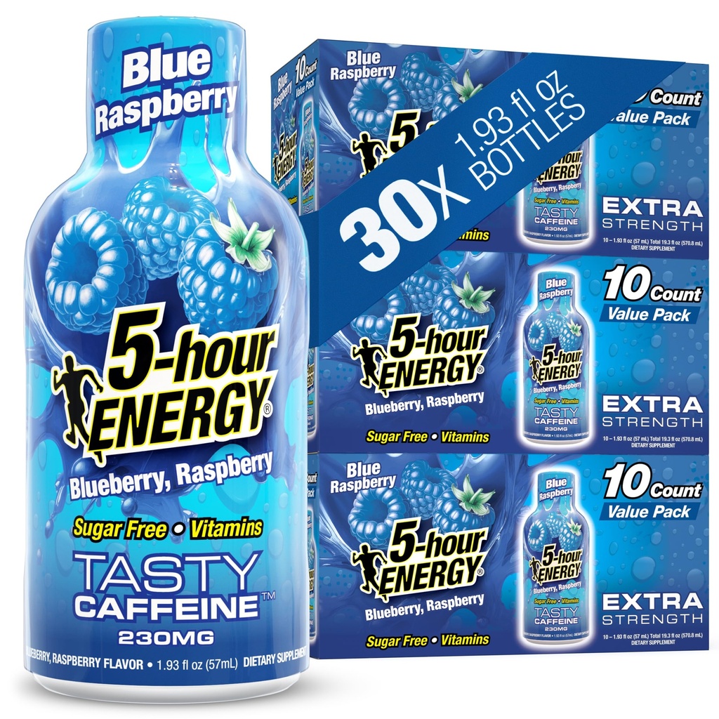 5- timers ENERGY Shots Extra Strength, Blue Raspberry Flavor, 30 Greve, 1,93 Fl Oz, Sukker fri, nul kalorier, Aminosyrer og essentielle B-vitaminer, Kosttilskud, Feel Alert og Energized, 230 mg Koffein
