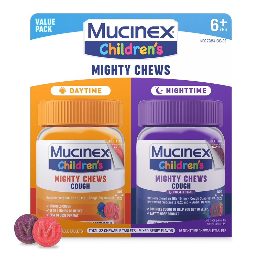 Mucinex Children 's Mighty Chews Kids Cough Medicine Daytime and Nighttime Value Pack, Let at dosere Hough Suppressant for Kids with Dextromethorphan, Mixed Berry Flavor, 32 Medicated Chewable Tablets