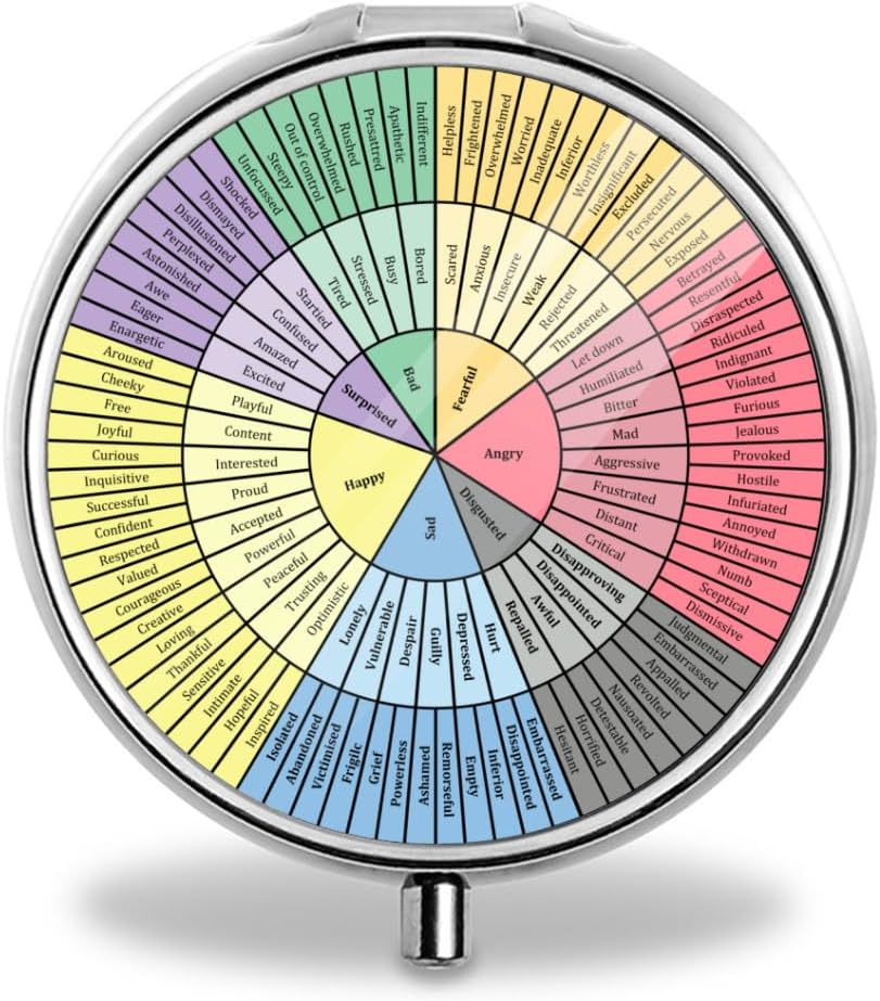 Hjul af følelser og følelser - Terapi og rådgivning kunst - Dbt & Cbt gave til rådgiver, psykolog og forælder Classic Pill Box Purse Pocket lille runde Pill sag Dekorative Box Metal Medicin