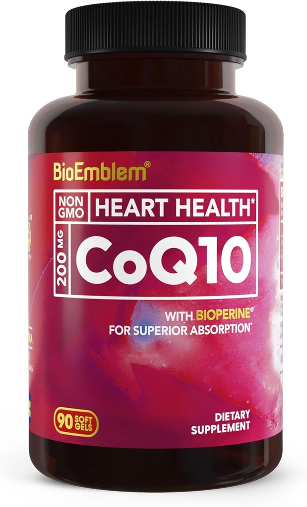 Bioemblem CoQ10 med BioPerine - 200mg Softgels, High Absorption - Coenzym Q10 Antioxidant til energiproduktion, Heart Health - Natural Form, Non- GMO CoQ10 Supplement - 90 Tæl