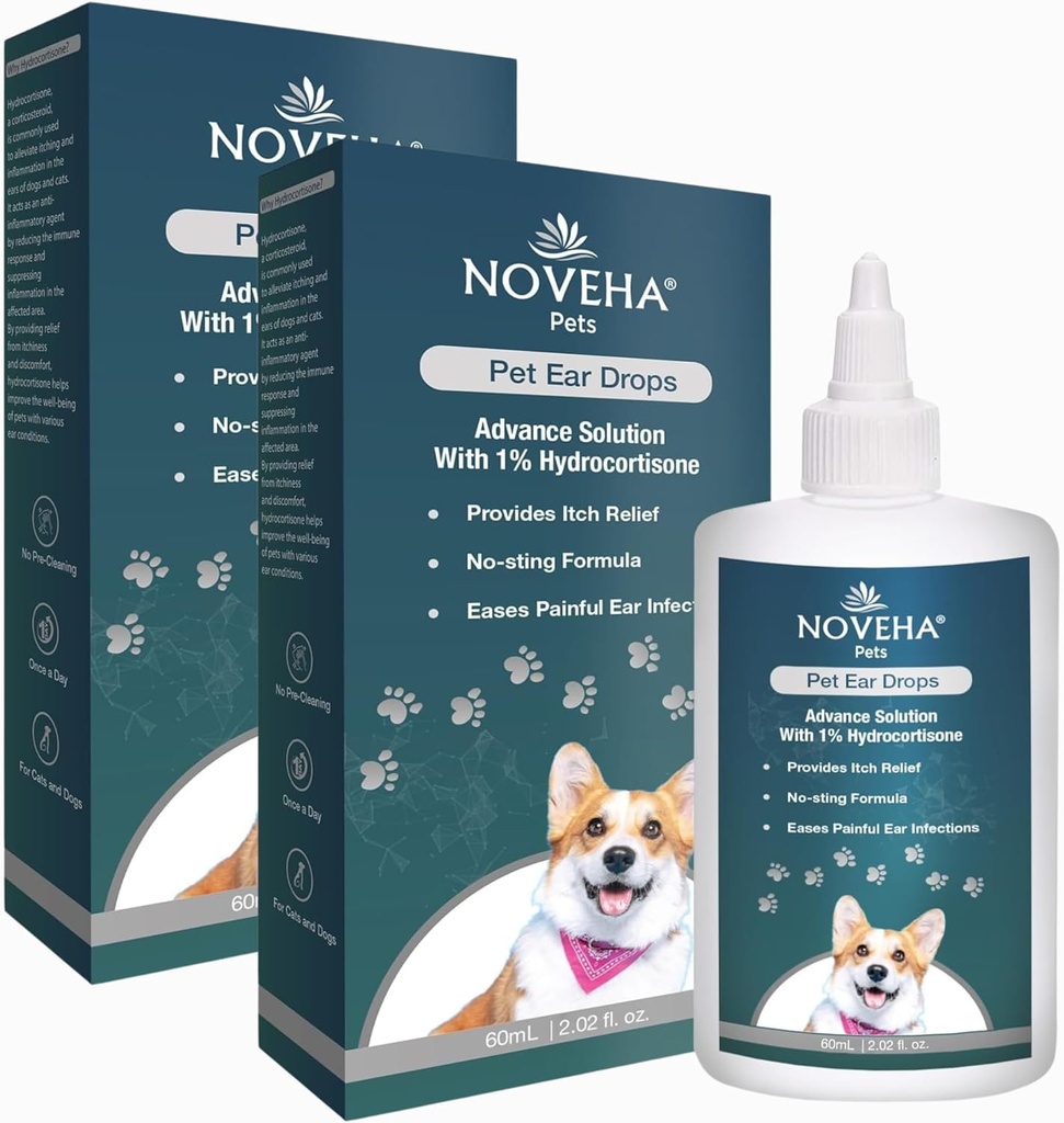 NOVEHA Pet Ear Dryps med 1% Hydrocortison Mea124; Ear Cleaner for Dogs & Cats for Earwax buildup, No- Sting Formel, Calms Itch & Reducerer Painful Ear Infektioner 60mL (60ml (pakke med 2))