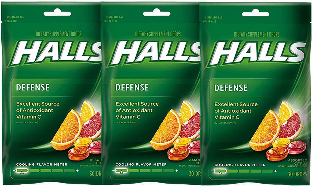 Halls Defense Vitamin C Drops Assorterede Citrus - 30 ct, pakke med 3