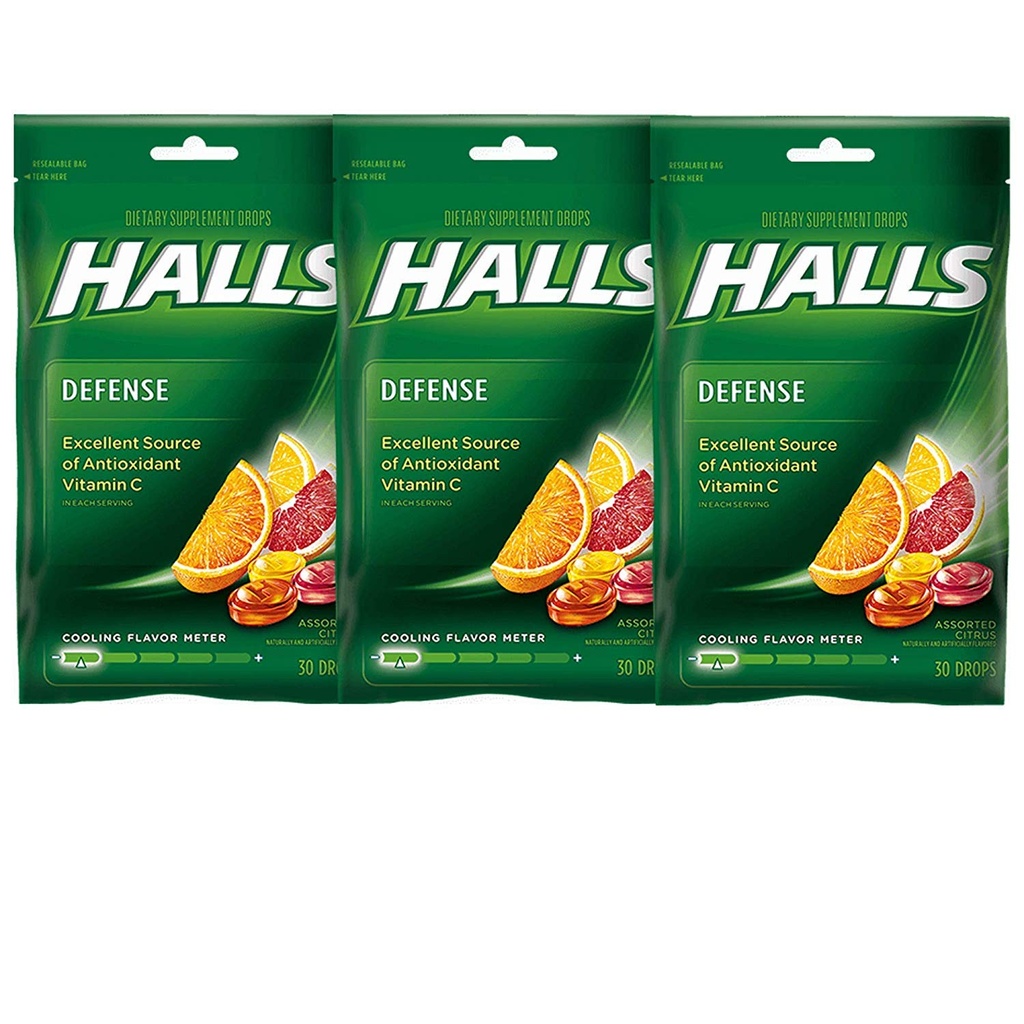 Halls Defense Vitamin C Drops Assorterede Citrus - 30 ct, pakke med 3