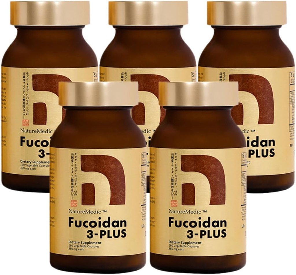 Fucoidan 3-Plus Brown Seaweed Immunity Supplement with Three Types of High Purity Fucoidan Organic Mekabu Fucus Mozuku Agaricus Made in Japan (Vegetable Capsule, 5 Bottles)