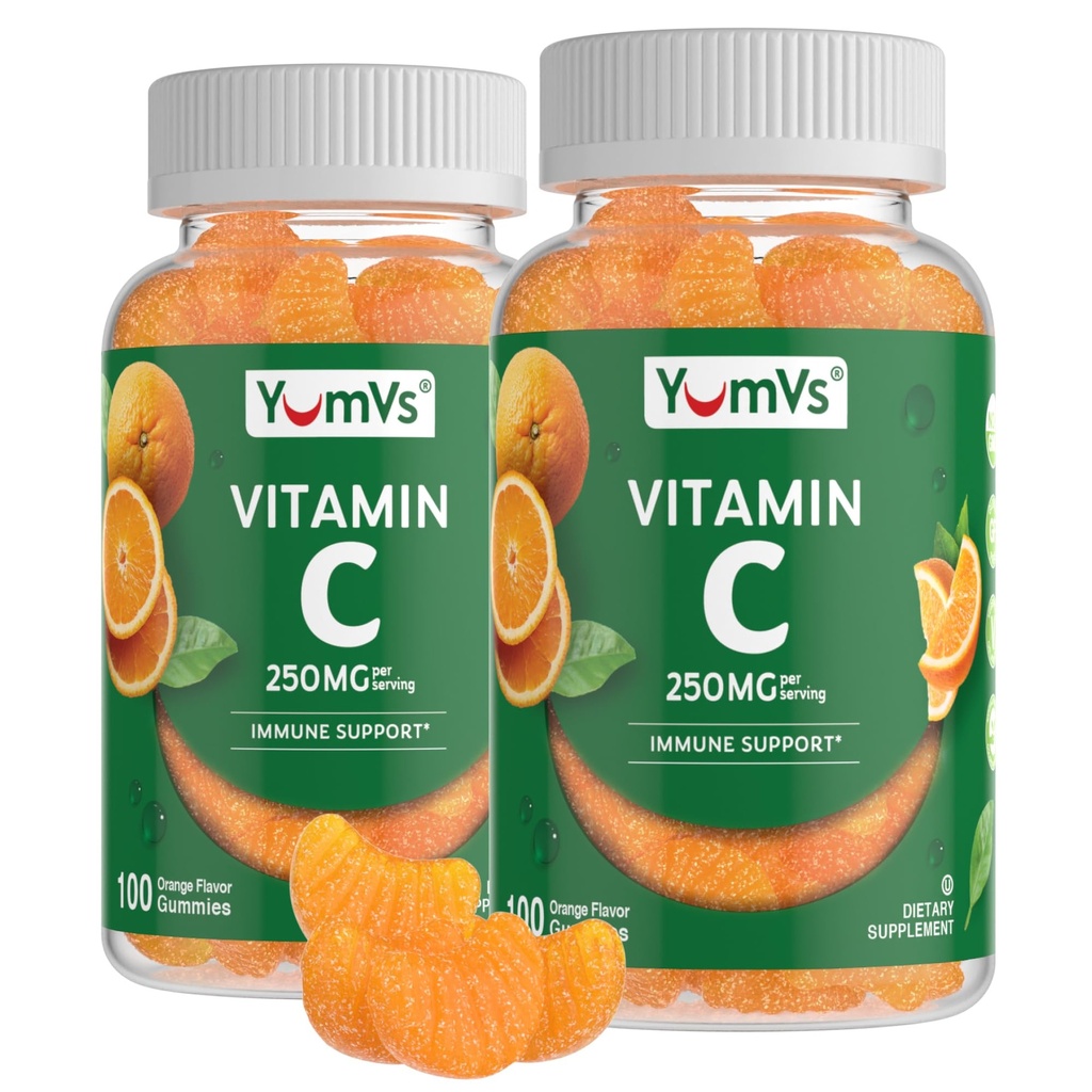 Yumvs C-vitamin Gummy til voksne - 250 mg Orange Smaget C-vitamin Gummy - C-vitamin tyggetabletter til voksne - immunsupporttilskud - Kosher, Halal, Gluten Free (200 Greve), 2 Pack
