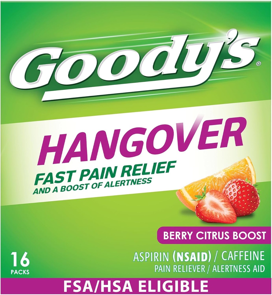 Goody 's Hangover Relief Powder, Dual Action Hurtig Hovedpine Smerte Relief med Aspirin og Koffein, Berry Citrus Flavor, 16 Greve