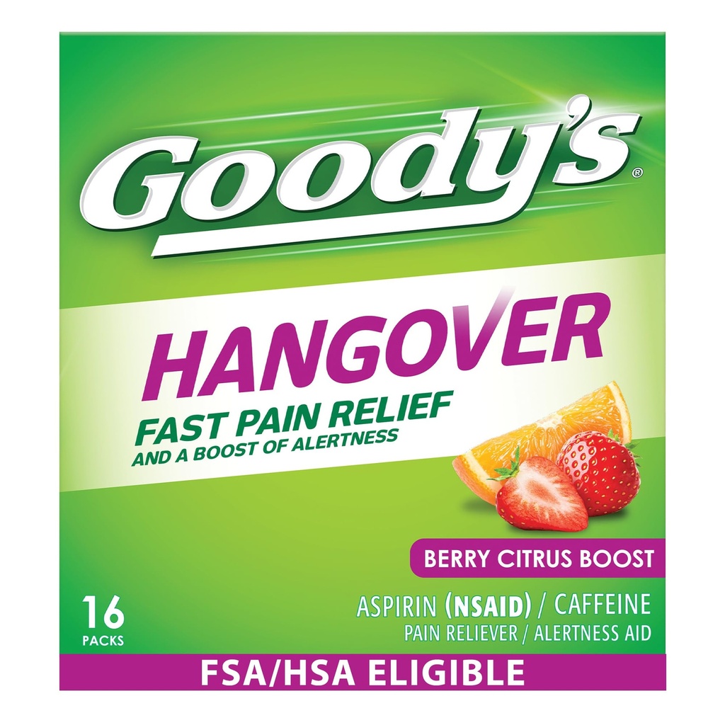 Goody 's Hangover Relief Powder, Dual Action Hurtig Hovedpine Smerte Relief med Aspirin og Koffein, Berry Citrus Flavor, 16 Greve
