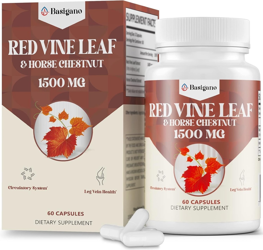 Red Vin Leaf & Horse Chestnut Extract Kapseltilskud (Vitis Vinifera) 1500mg -Premium Extract for sunde Veins, cirkulering, hjerte, hud