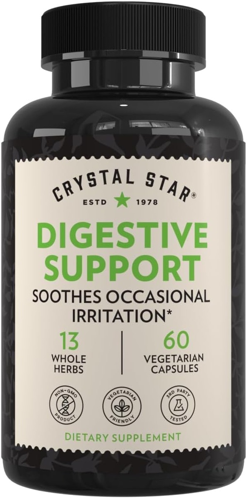 Crystal Star fordøjelsesstøtte supplement (60 kapsler) - Urte Gut sundhed supplement, der hjælper med lejlighedsvis Gas & Bloating - pebermynte, Aloe Vera, Slippery Elm & Ingefær - ikke-GMO