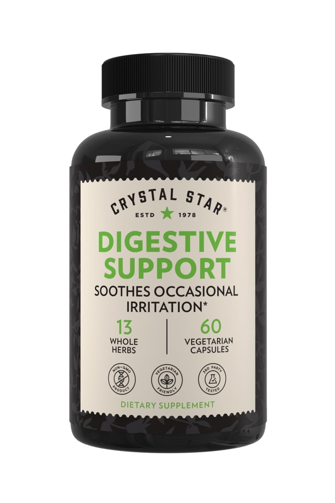 Crystal Star fordøjelsesstøtte supplement (60 kapsler) - Urte Gut sundhed supplement, der hjælper med lejlighedsvis Gas & Bloating - pebermynte, Aloe Vera, Slippery Elm & Ingefær - ikke-GMO