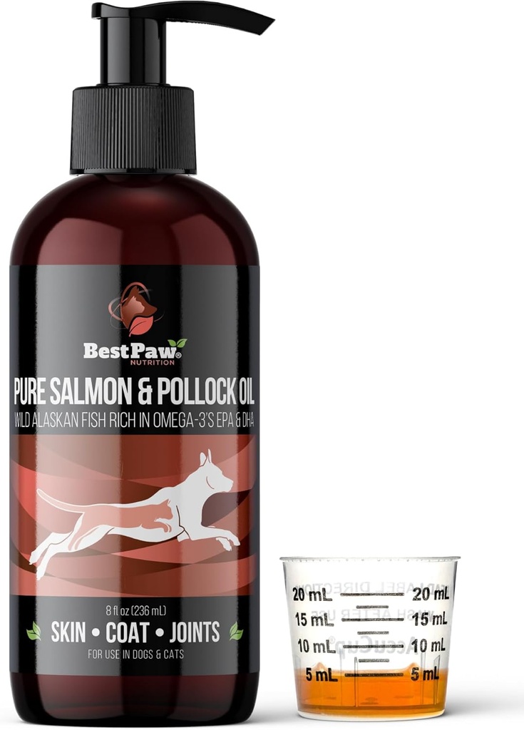 Pure Wild Alaska Salmon & Pollock olie til hunde & katte Hud og Coat - Fish Oil Liquid med pumpe - Understøtter fælles funktion & hjerte sundhed - Omega 3 flydende kosttilskud - alle naturlige EPA + DHA - 8oz