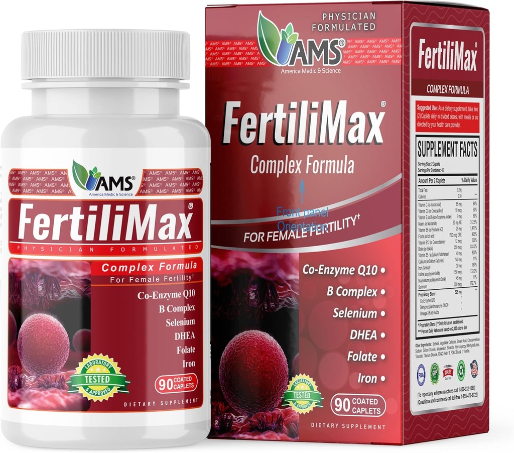 America Medic & Science FertiliMax, Fertilitet Kosttilskud til kvinder, understøtter reproduktiv sundhed & fertilitet Behandling, med Folate, CoQ10, DHEA, jern, Selen, 90 kapsler