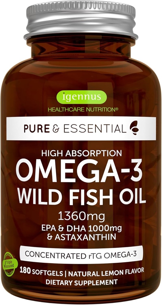Igennus Ultra Pure Omega 3 Triglycerid rTG Wild Fish Oil 1360mg, IFOS Certified, EPA DHA 1000mg Plus Astaxanthin, Non- GMO, for mænd og kvinder, 180 Softgels