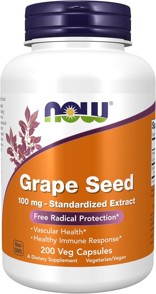 Now Foods Supplements, Grape Seed 100 mg - Standardized Extract, Meget koncentreret ekstrakt med et minimum af 90% polyphenoler, med vitamin C, 200 Veg kapsler