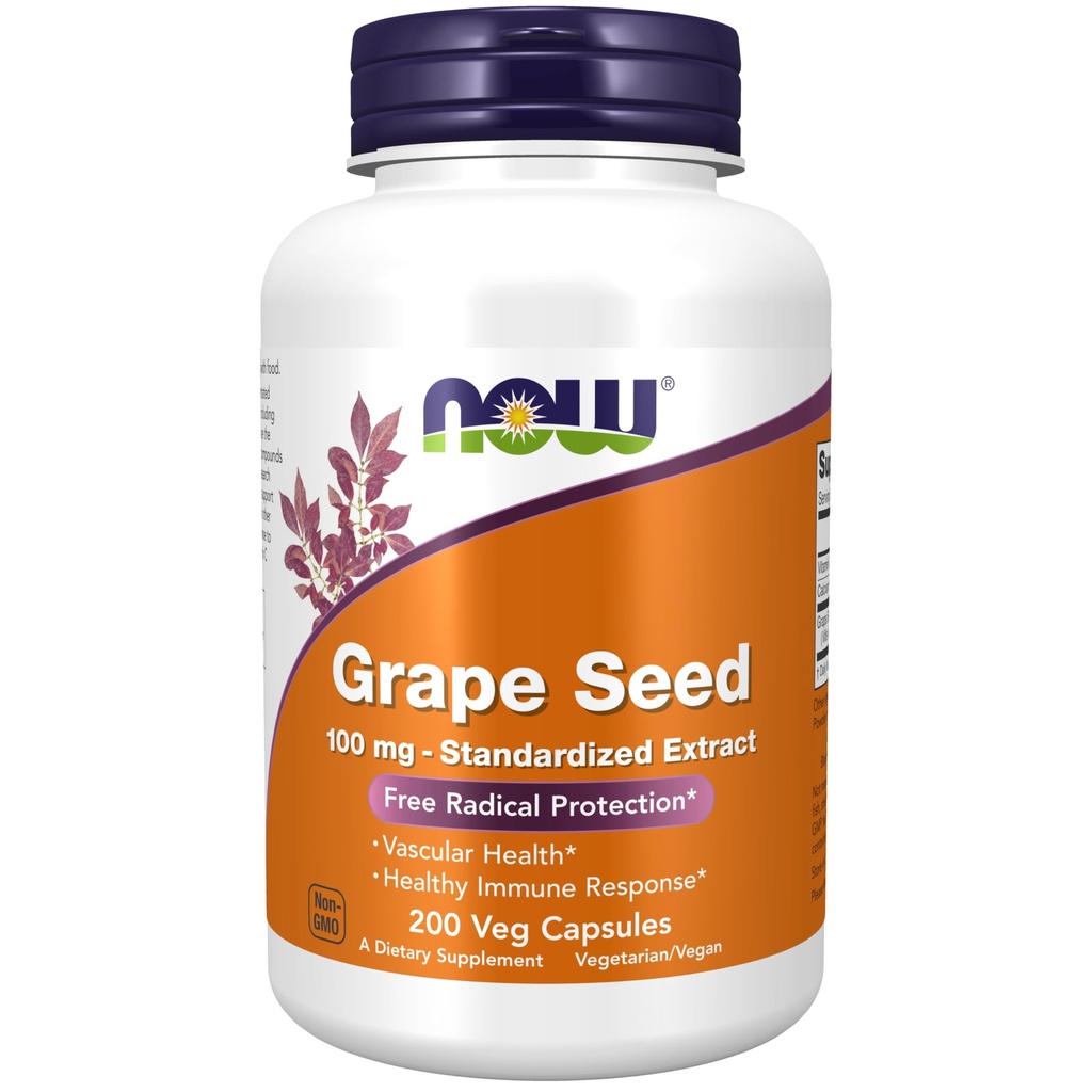 Now Foods Supplements, Grape Seed 100 mg - Standardized Extract, Meget koncentreret ekstrakt med et minimum af 90% polyphenoler, med vitamin C, 200 Veg kapsler