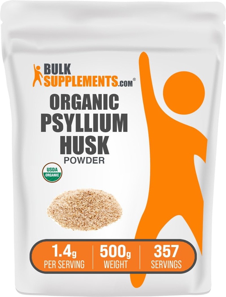 BulkSupplements.com Organic Psyllium Husk Powder - Psyllium Husk Powder for Bagning, Fiber Supplement - Gluten Free, 1,4 g per Serving, 500g (1.1 lbs) (Pack of 1)
