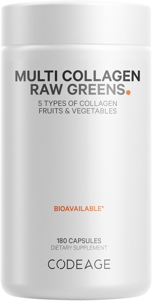 Codeage Multi Collagen Protein + Organic Raw Green Superfood Capsules Supplement, 21 Frugter & Veggies, Grass- Fed Hydrolyzed Collagen Peptider, 5 Typer All- in- One, 180 Tæl