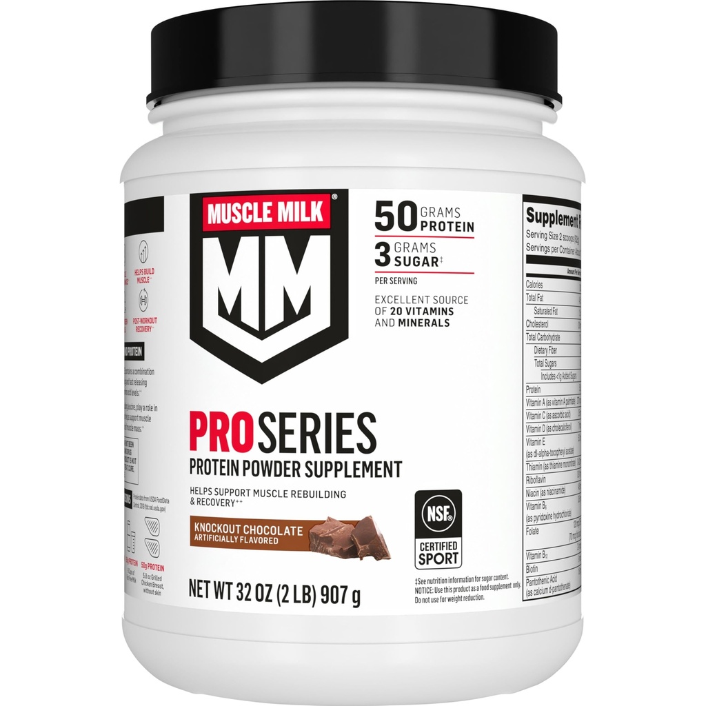 Muskelmælk Pro Series Protein Powder supplement, Knockout Chokolade, 2 Pund, 11 Servering, 50g Protein, 3g Sukker, 20 Vitaminer & Min, NSF Certificeret til Sport, Workout Inddrivelse, Packaging May Vary