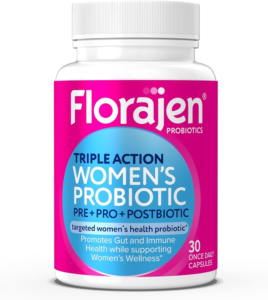 Florajen Women 's Complete Triple- Action Prebiotic + Probiotic + Postbiotic for fordøjelse og immunforsvar - Fast- Fungerende Relief fra Forstoppelse & Bloating - Gluten- Free - Vegan - Non- GMO - 30 - Greve