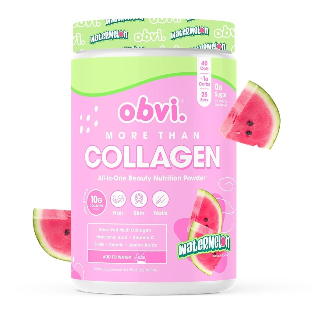 Obvi mere end Collagen pulver • 124; understøtter sundt hår, hud, negle, nitter, Gut • 124; Grass- Fed Multi Collagen supplement med Hyaluronic Acid, Biotin, Keratin • 124; Vandmelon, 25 Servere