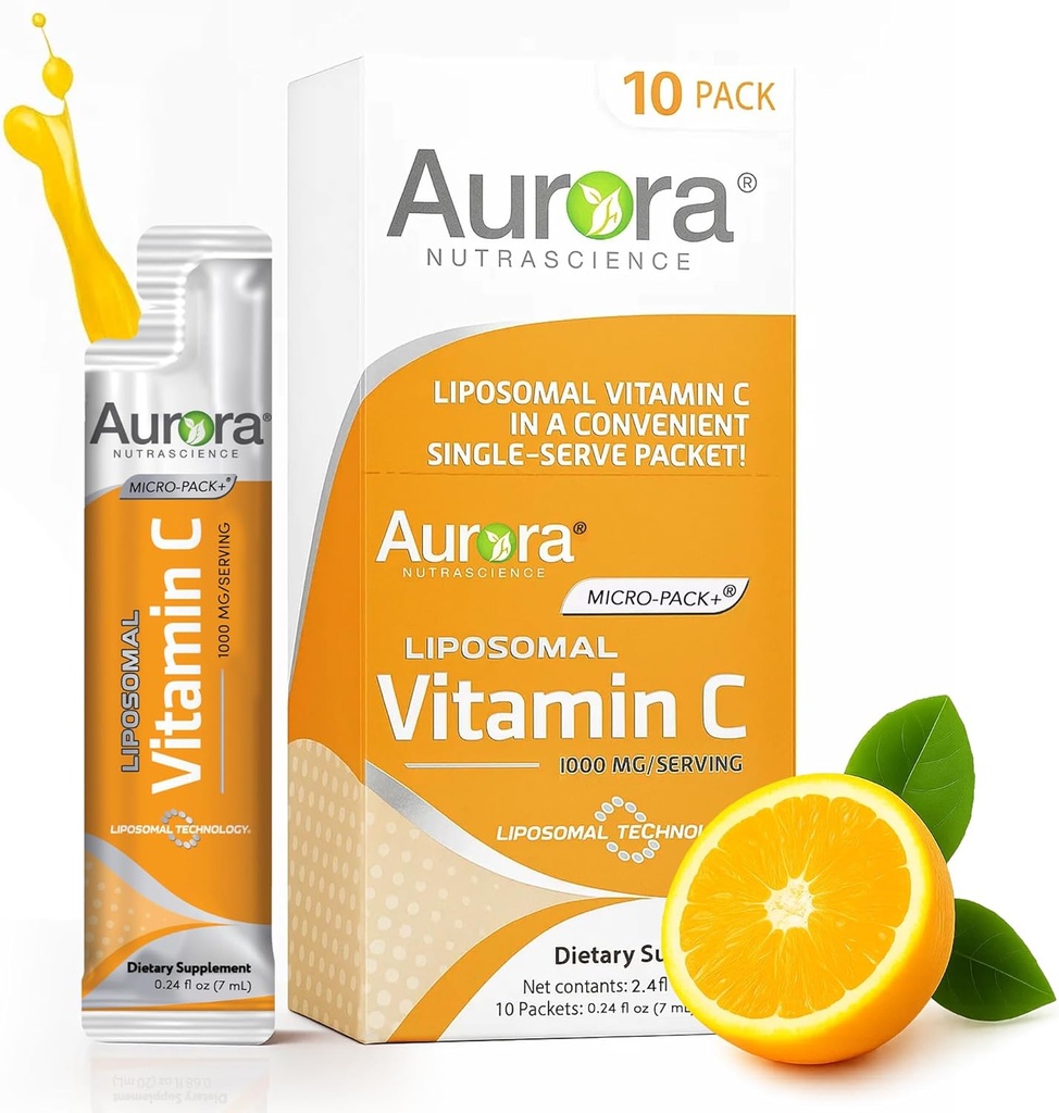 Aurora Nutrascience Micro- Pack Liposomal C-vitamin, immunforsvar, 1. 000 mg per servering, Vegan, Gluten Free, Non- GMO, 10 enkeltpakninger, Orange