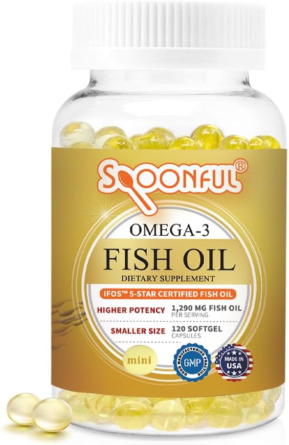 Spoonful Mini Omega 3 Fish Oil, iFOS Certified, 1290 mg Per Serving, 120 Softels Pearls, Lille størrelse Let at synke kapsler til kvinder og seniorer, Made in USA