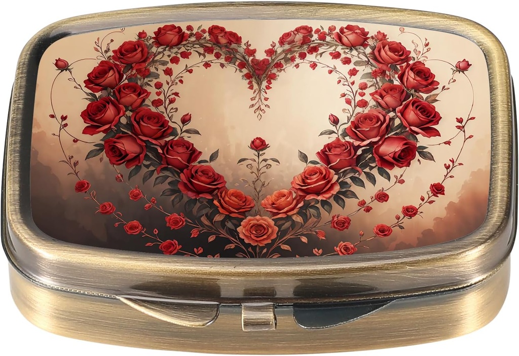 Dynippy Pill Case Pill Box med spejl Retro Pocket 2 Compartment Medicine Case Vitamin Pill Organizer for Pocket Purse and Travel (Retro- Rose Heart krans)