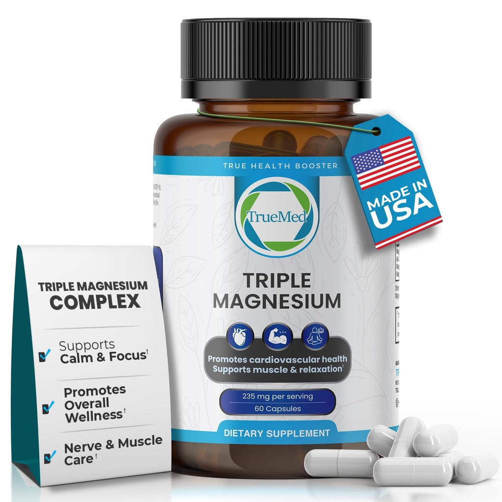 Triple Magnesium Supplement, 235mg, Dimagnesium Malate, Citrate, Lysinat Chelate, 60 Kapsler, Supports Sleep, Muskelrelaxation, Bone & Heart Health, Energy & Nerve Funktion, USA Made