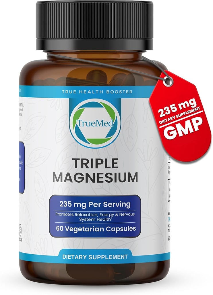 Triple Magnesium Supplement, 235mg, Dimagnesium Malate, Citrate, Lysinate Chelate, 60 Capsules, Supports Sleep, Muscle Relaxation, Bone & Heart Health, Energy & Nerve Function, USA Made