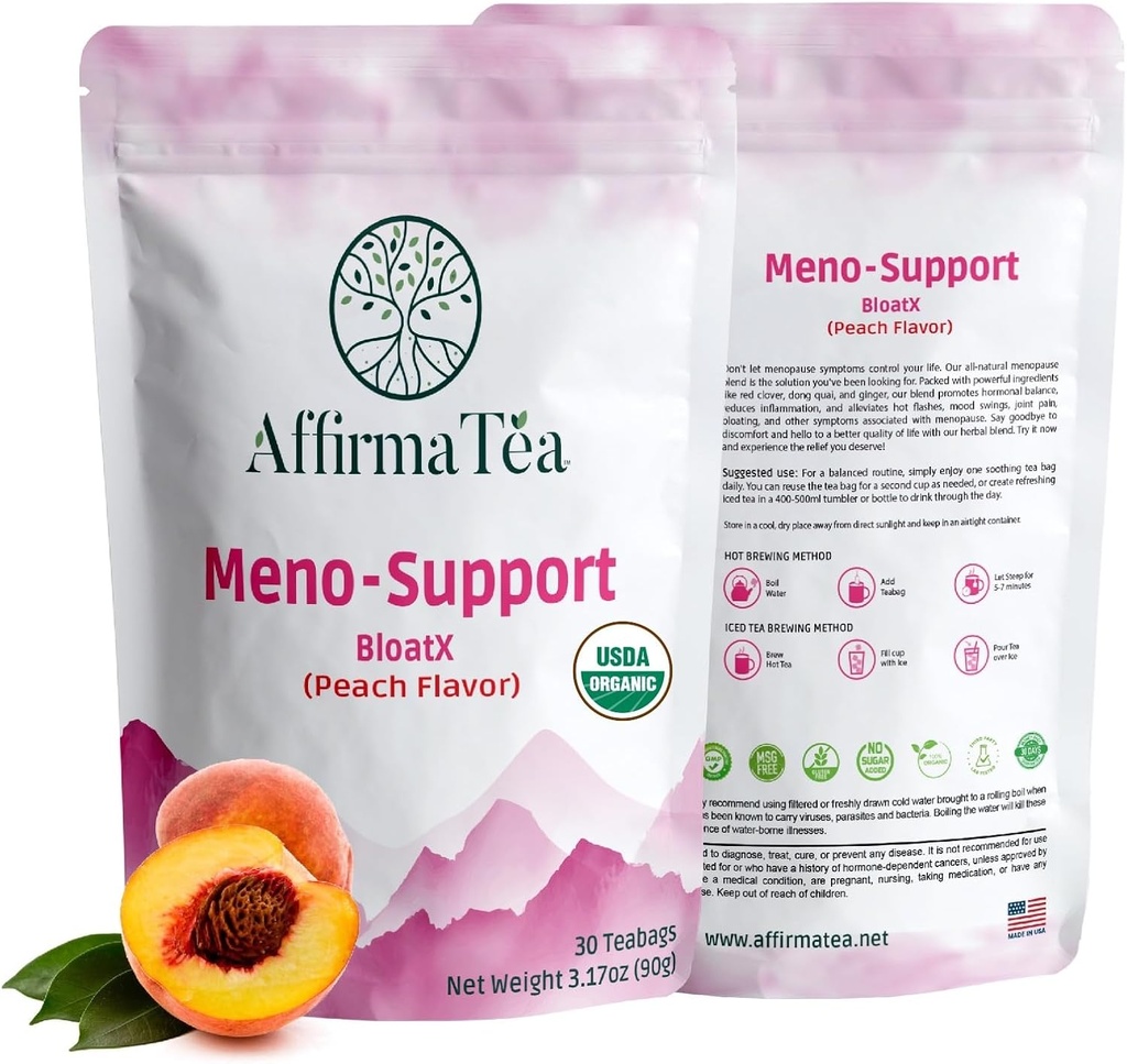 Meno-Support BloatX Organic Menopause Relief: Balancer & Understøtter Hot Flashes, Hormon, Moods Swings, Night Sweats, & Bloating W / Black Cohosh, Red Clover & Dong Quai. Naturlig Peach Flavor.
