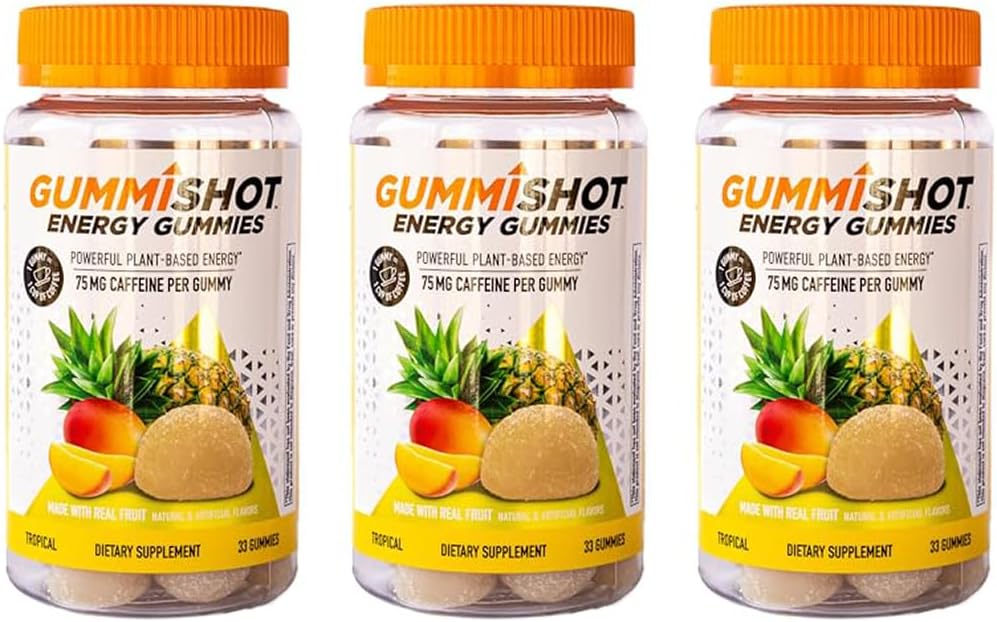 GummiShot Energy Gummies, 2475 mg Plantbaserede Koffein Chews per flaske, Lang Vedvarende Energi Boostere, Tropical 33 Count (pakke med 3)