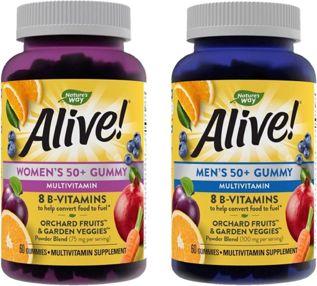 Naturen er i live! Kvinder og mænd 50 + Gummy Multivitaminer, B- vitaminer, lækre flavors, 60 Gummies Per flaske
