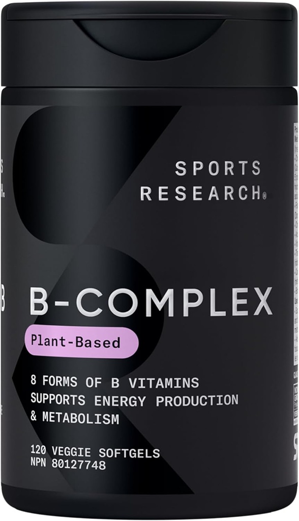 Sports Research ® Vitamin B- Complex - Fuld Spectrum af B Vitamin med Methylerede B12 & Folate - Gluten Free · Plant- baseret · Ikke-GMO · Vegan- Friendly Formel - 120 Veggie Softgels