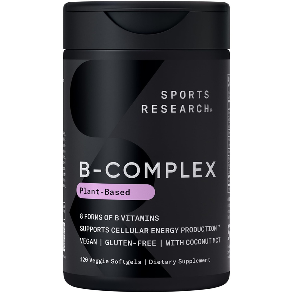 Sports Research ® Vitamin B- Complex - Fuld Spectrum af B Vitamin med Methylerede B12 & Folate - Gluten Free · Plant- baseret · Ikke-GMO · Vegan- Friendly Formel - 120 Veggie Softgels