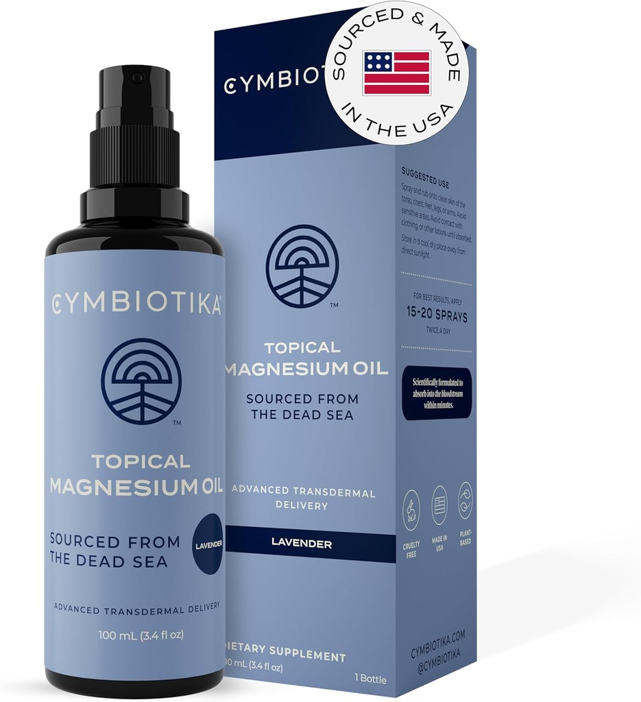 CYMBIOTIKA tematisk Magnesiumoliespray til krop, USA Made, supplement til ben kramper, muskel, fælles sundhed & søvn støtte, omfatter Magnesium Chlorid, Lavendel ekstrakt, Aloe Vera - hud applikator