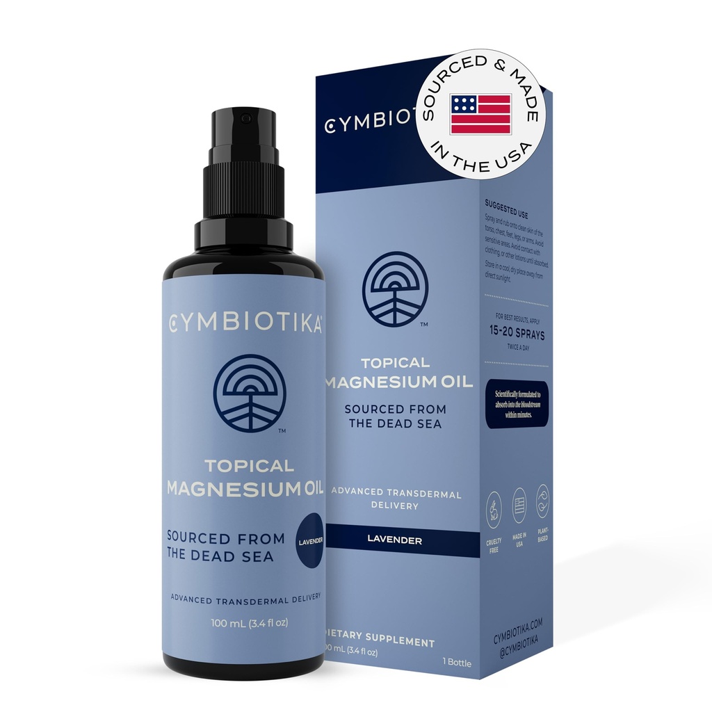 CYMBIOTIKA tematisk Magnesiumoliespray til krop, USA Made, supplement til ben kramper, muskel, fælles sundhed & søvn støtte, omfatter Magnesium Chlorid, Lavendel ekstrakt, Aloe Vera - hud applikator