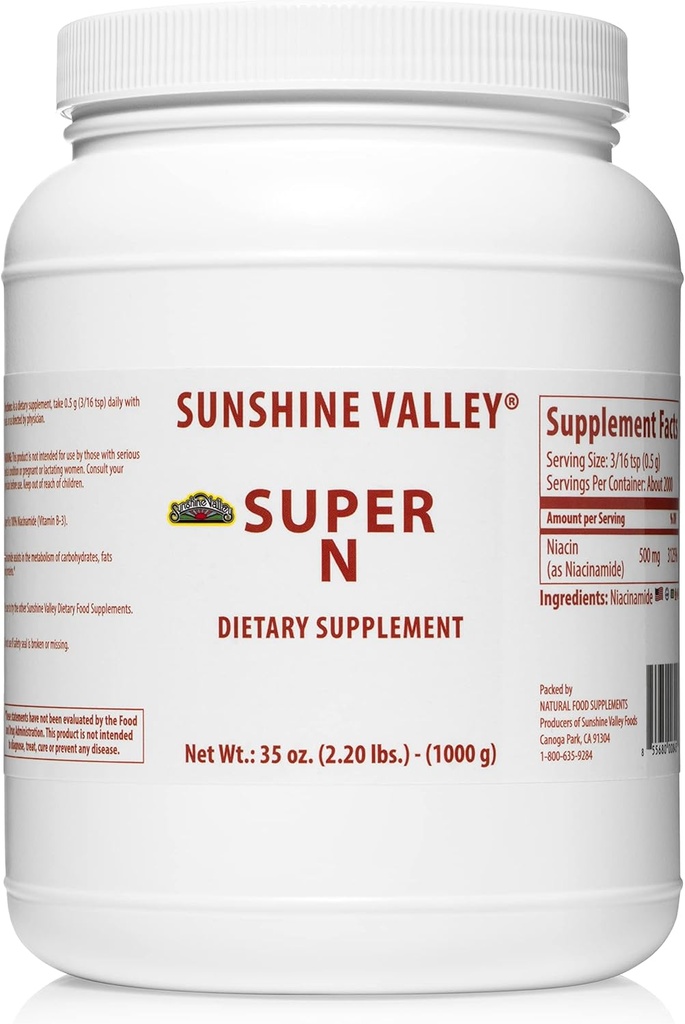Sunshine Valley ® Super N Niacinamid Powder (35 oz) - Niacin Vitamin B3 Kosttilskud til energi, fordøjelse, Anti- Aging & Sund Hud - Natural, Flush- Free