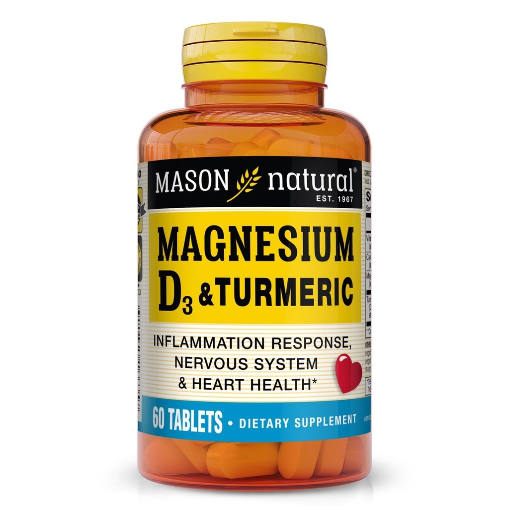 MASON NATURAL Magnesium & D3- vitamin med gurkemeje, 60 dages kosttilskud med 500 mg magnesium, 3000 IE D3- vitamin og 150 mg gurkemeje