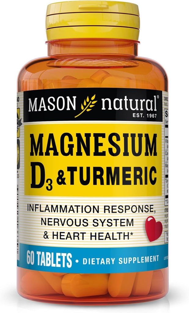 MASON NATURAL Magnesium & D3- vitamin med gurkemeje, 60 dages kosttilskud med 500 mg magnesium, 3000 IE D3- vitamin og 150 mg gurkemeje