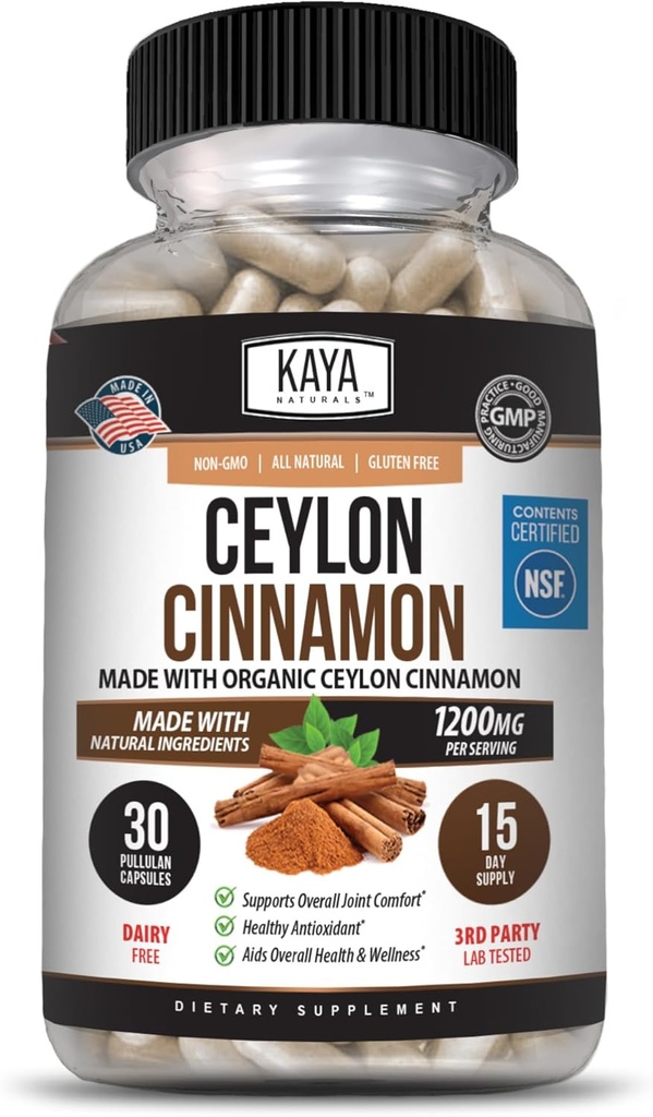 Kaya Naturals Ceylon Cinnamon Supplements 124; 1200mg per servering, Vegan - non-GMO & Gluten Free - 30 kapsler