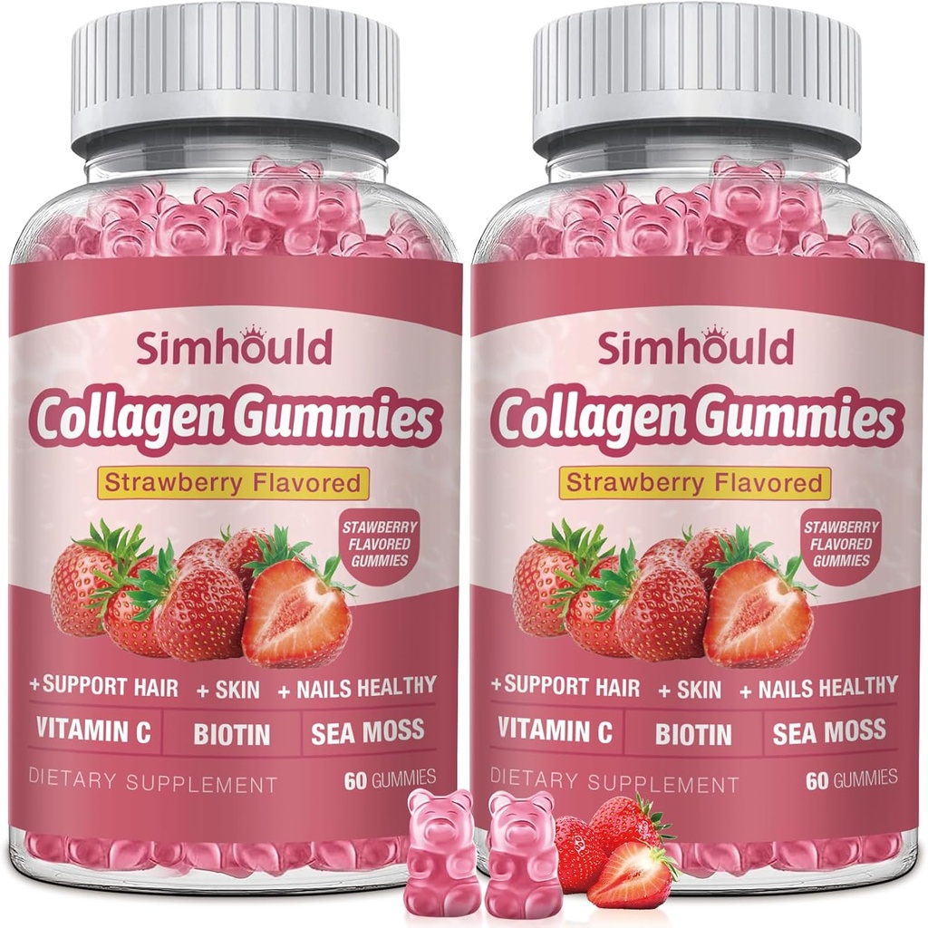 2 Pakker Vegan 2500Mg Collagen Gummies for Women Anti Aging, Hud, Hårnegle, Collagen type 1 og 3, Biotin, Sea Moss for Men - Sukker fri, ikke-GMO, 120 Tæller Collagen kosttilskud Gummies