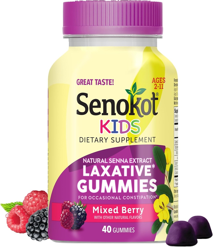 Senokot Kids Blandede berry laxative gummier for alder 2 +, Senna Extract for Gentle, Overnatning Relief fra lejlighedsvis obstipation, 40 ng