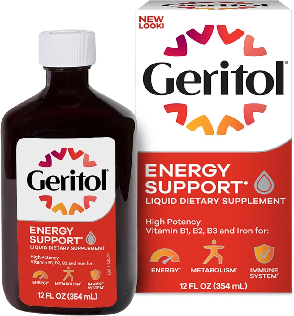 Geritol, flydende Vitamin og jern supplement, energistøtte, Indeholder høj potens B- Vitamin og Jern, Pleasant Tasting, Let at synke, Ingen kunstige sødestoffer, Non- GMO, 12 Oz