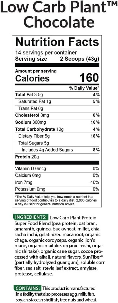 BioTrust Low Carb Plant, lækker, cremet, 20 Bedste ren, Komplet, Plantbaseret protein, 5 Bedste Fiber, 15 Superfoods, fordøjelige enzymer, Vegan, Dairy- Gratis - 14 Servere (Chokolade)